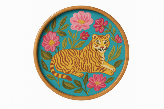 Embroidered Wooden Tray – Tiger & Floral Design (30cm)
